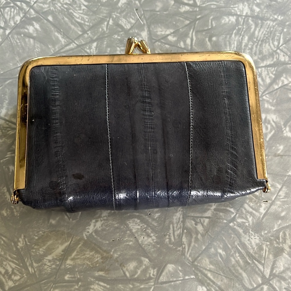 VTG Eel Skin Makeup Case Mirror Kiss Lock Wallet Clutch Gray
